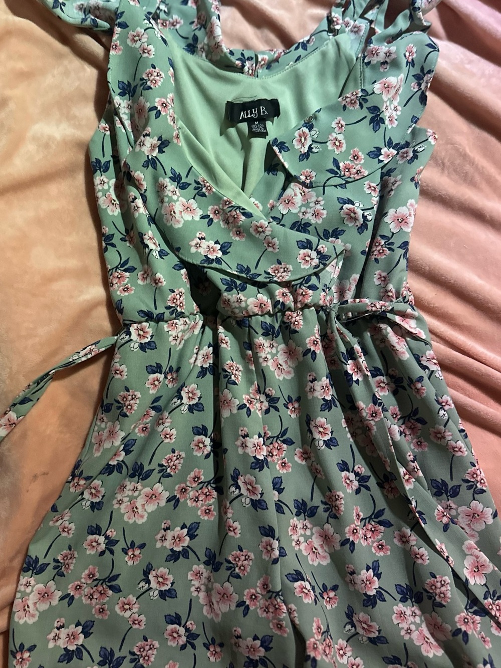 Ally B Sage Green Floral Wrap Midi Dress with Pink Blooms
